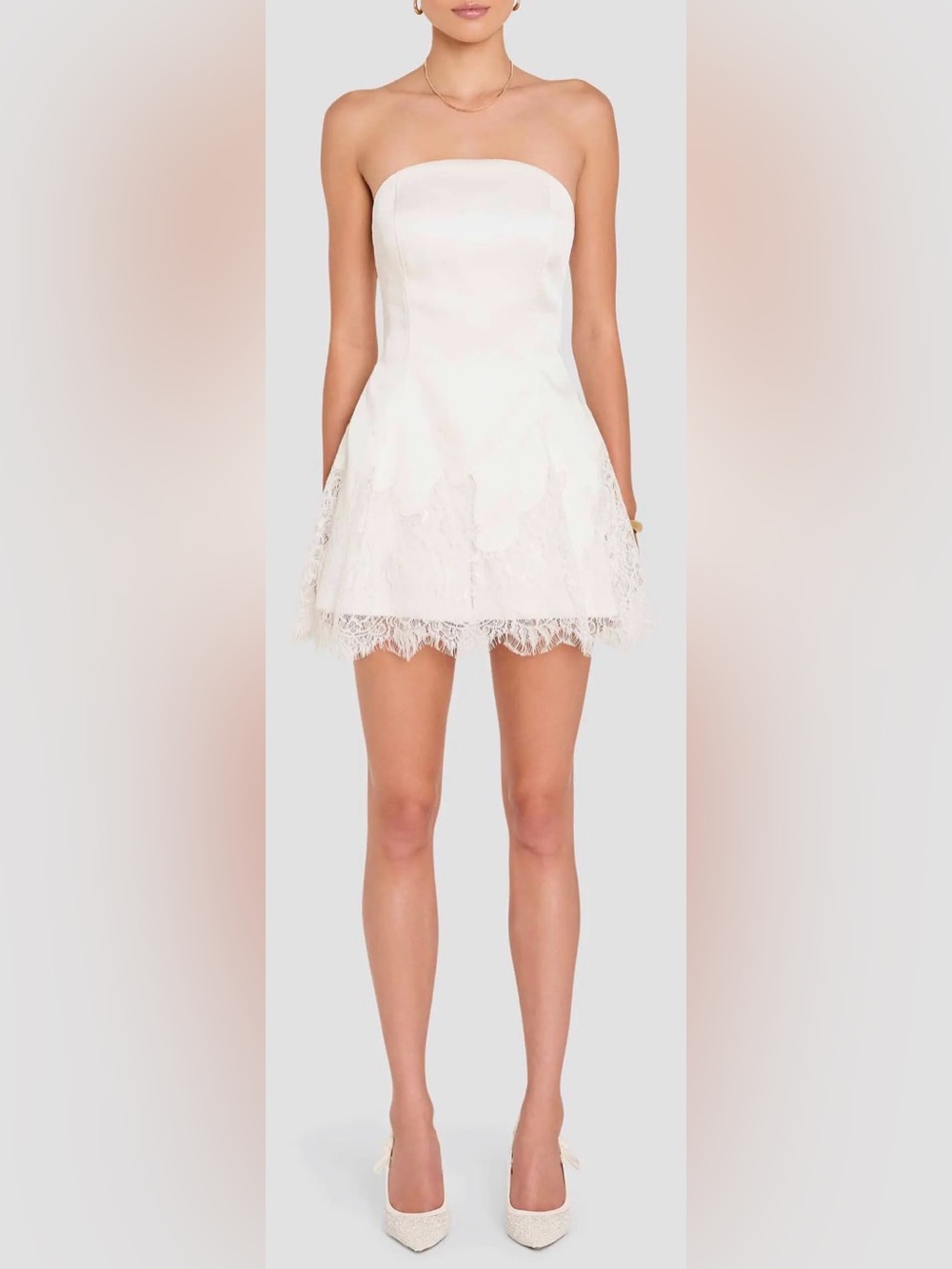 Amanda Uprichard White Strapless Mini Romper with Lace Trim